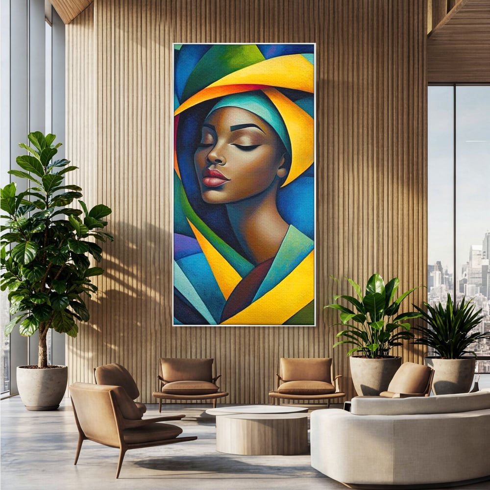 Tablou canvas cu tablou canvas cu portret feminin geometric, in rama de aluminiu argintiu, pe perete intr-un birou